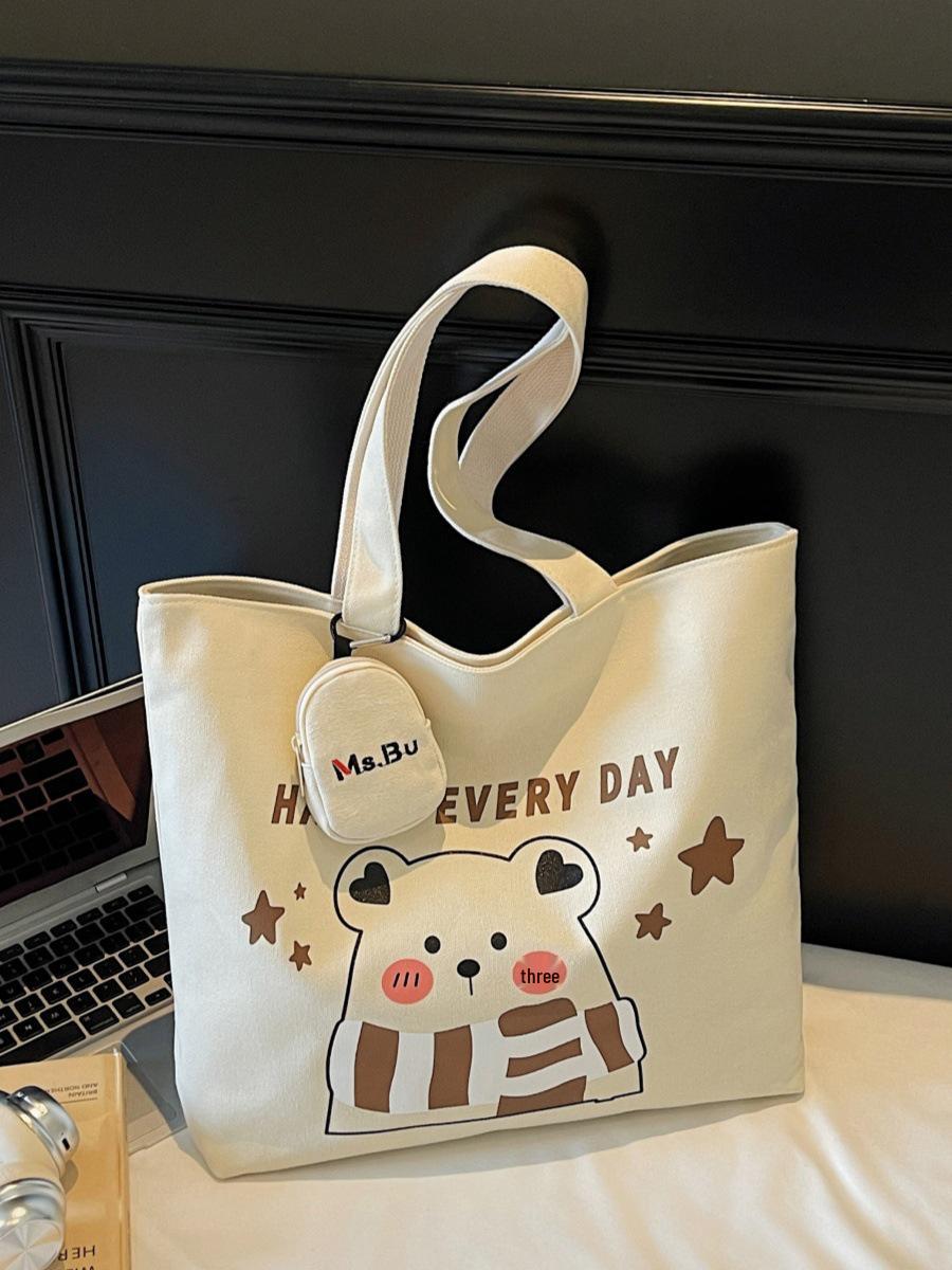 

MSBU Large Capacity Cartoon Canvas Tote Bag for Women - Trendy Single Shoulder Handbag for Class & Commuting Brown without pendant