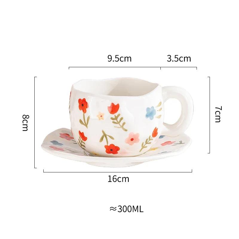 Creative Irregular Ceramic mug Hand-painted Flower Clouds Coffee Cup with Saucer Breakfast Milk Tea Cups Handmade Gift Drinkware