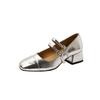 Light mouth Mary Jane shoes women's buckle versatile medium heel single shoes spring and autumn silver 2025 thick heel belt