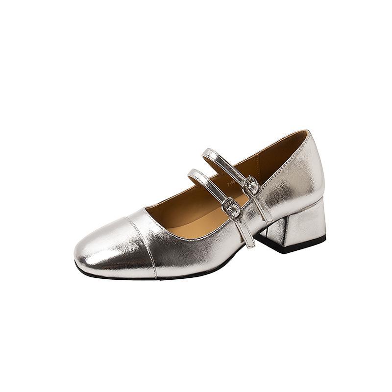 Light mouth Mary Jane shoes women's buckle versatile medium heel single shoes spring and autumn silver 2025 thick heel belt