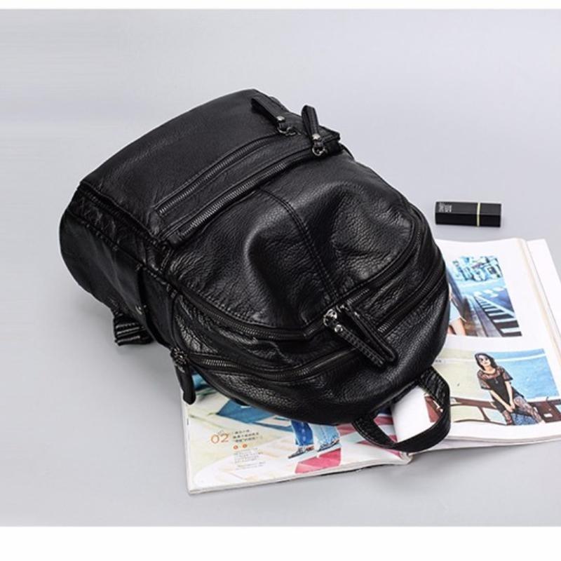 NIGEDU Damen-Rucksack aus weichem PU-Leder, Damen-Rucksack mit großem Fassungsvermögen, Schwarz, lässige Schultasche, Reisetasche, Tagesrucksack, Mochila