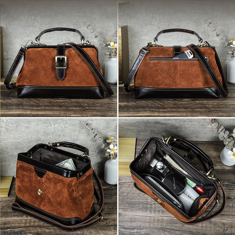Damen Handtasche aus Wildleder und Rindsleder mit mehreren Fächern und Metallschnalle zum Tragen über einer Schulter oder als Crossbody Tasche