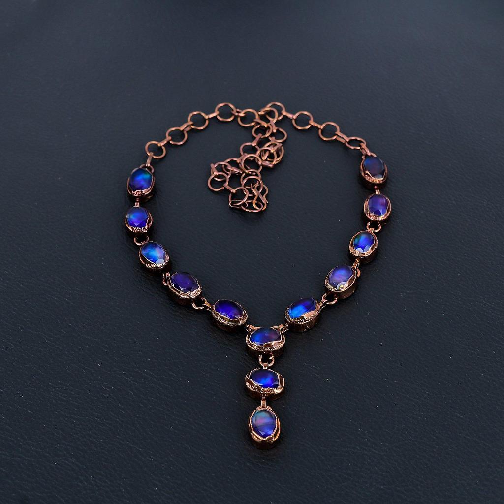 Ammolite Necklace Gemstone Jewelry, Copper Electroformed Necklace, Adjustable Handmade Chain Necklace Gift For Wife Jewelry