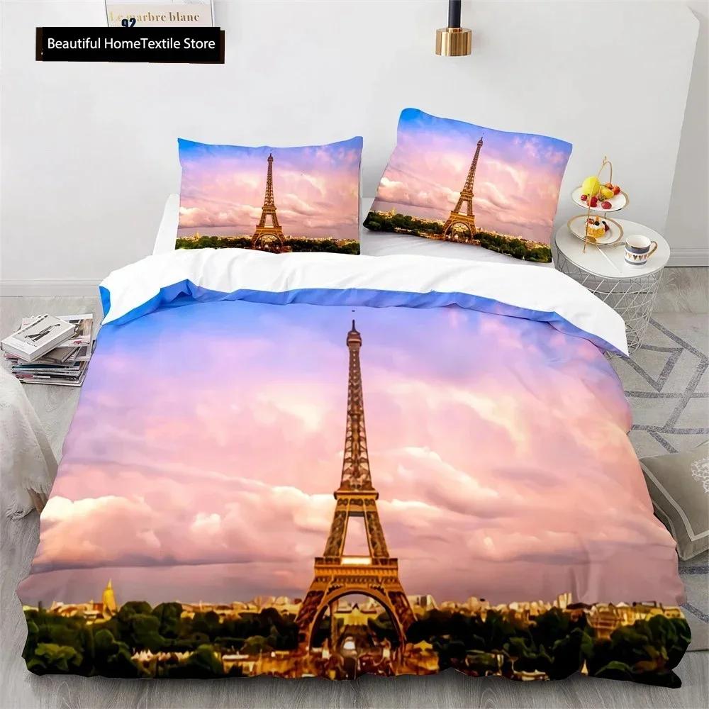 Comforter Luxury New 3D Print Eiffel Tower Lake Colourful Cloud Beautiful Landscape Bedding Set King Size Comforter