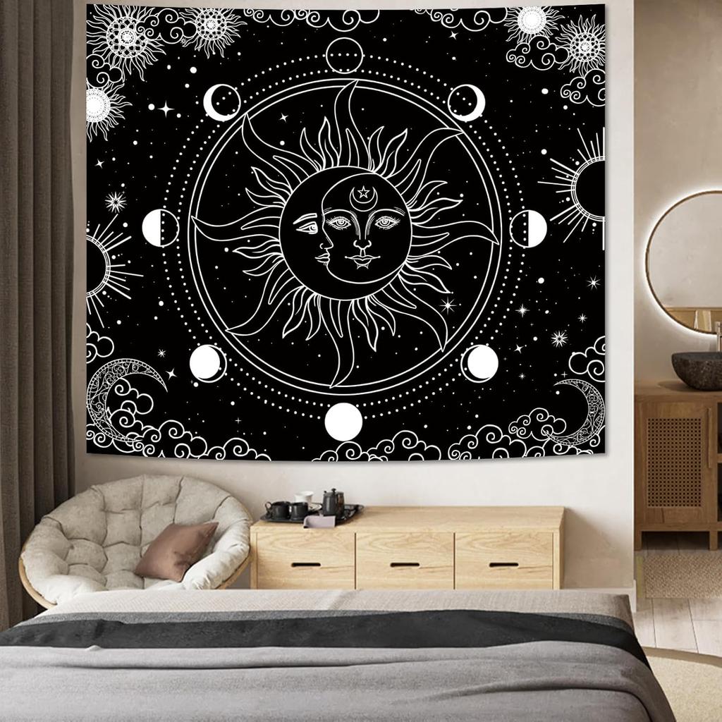 Boho Sun Wall Tapestry for Bedroom, Bohemian Sun Flowers Hippie Tapestries Aesthetic, Vintage Orange Hippie Wall Hanging for Liv