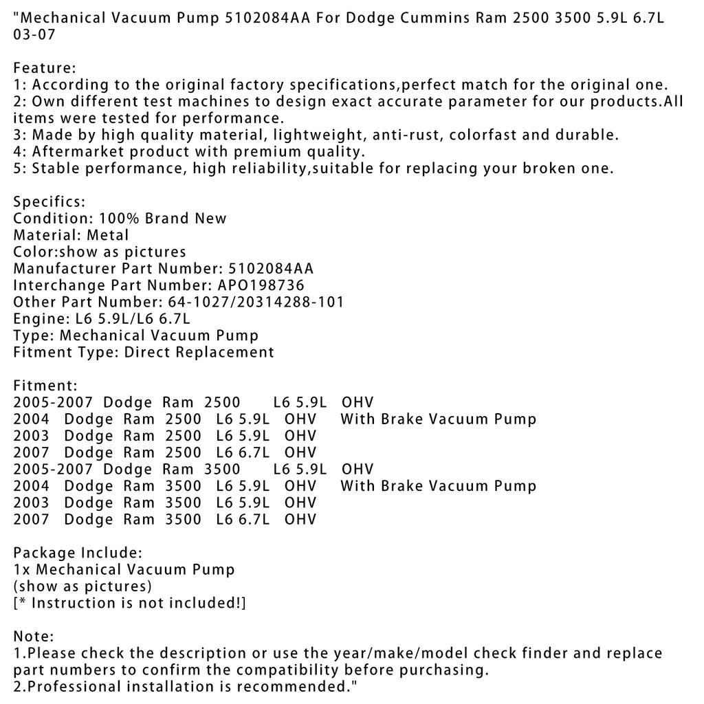 Mechanische Vakuumpumpe 5102084AA Für Dodge Cummins Ram 2500 3500 5.9L 6.7L 03-07