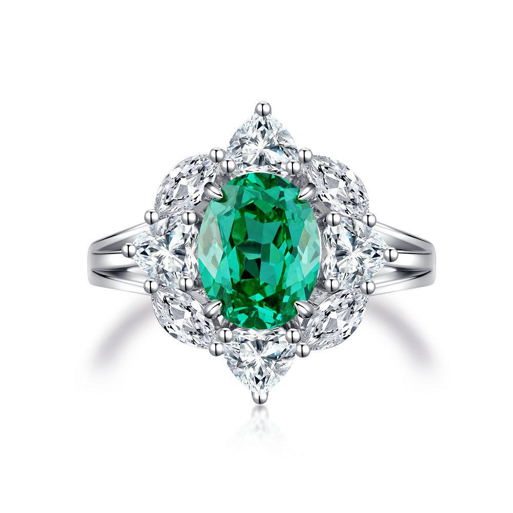 S925 Sterling Silver Wood Grain Ring, Emerald Cotton Floss Green Gem with Zircon and High Carbon Diamond Accents