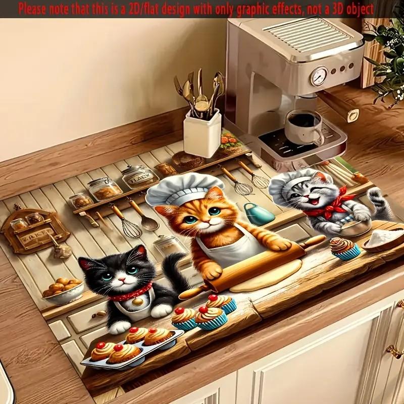 Kitten Cute Cat Kitchen Tableware Drying Mat Coffee Machine Drain Pad Countertop Absorbent Draining Mat Dinnerware Table Decor
