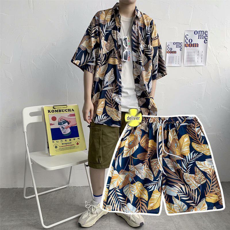Hawaiian Floral Men's Trendy Loose Ice Silk Casual Sports Set: Travel Beach Shirt & Shorts Two-Piece