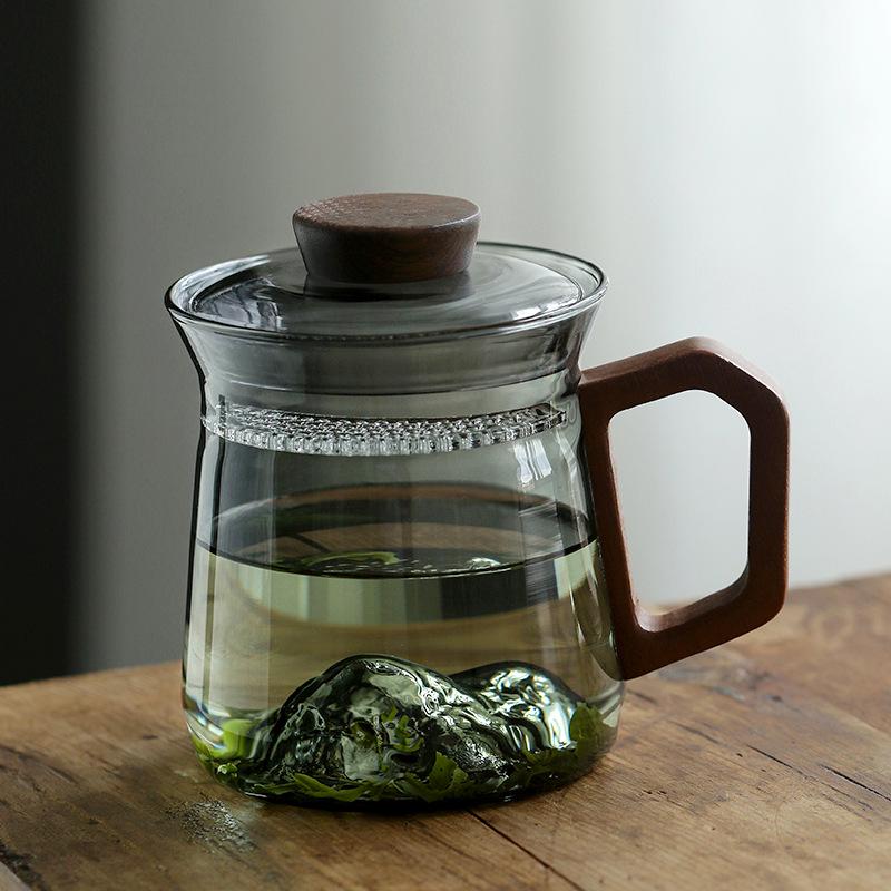 Walnut Handle Mountain View Heat-Resistant Glass Tea Infuser Cup with Crescent Filter
