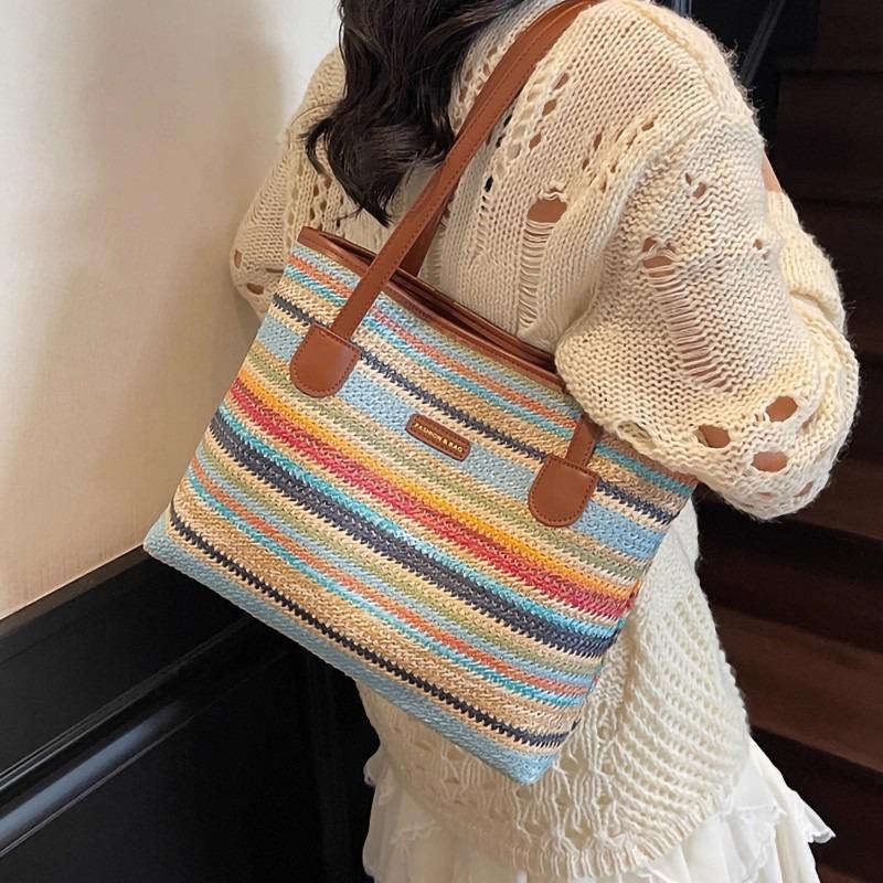 New straw bag women's summer striped casual simple versatile shoulder bag large capacity seaside vacation beach bag