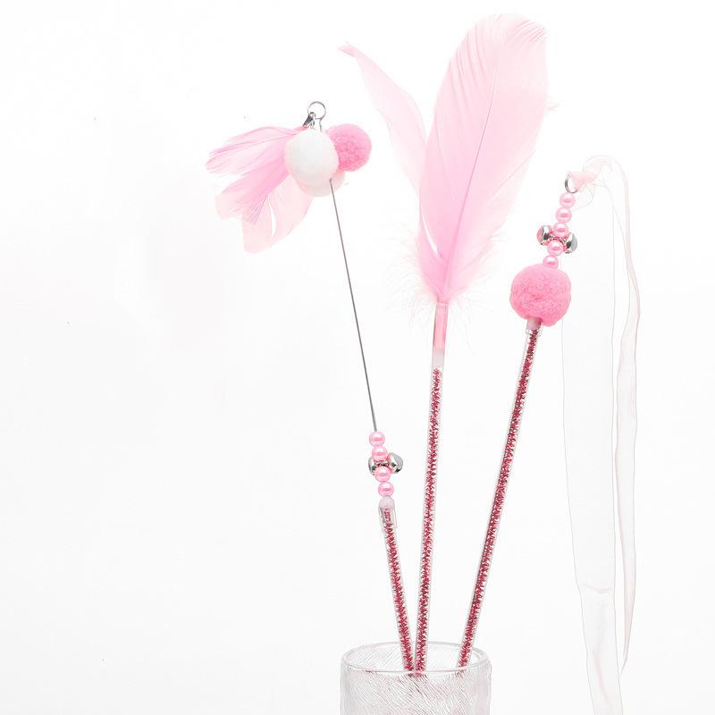 Simulation Feather Interactive Cat Toy Satin Ribbon Bell Cat Stick Toys Kitten Playing Teaser Wand Supplies Accessories