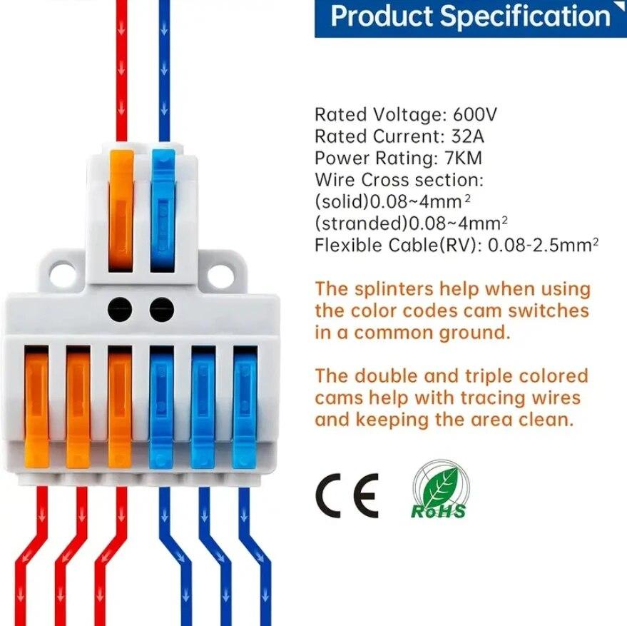 3PCS 2 in 6 out Quick Connection Terminal Quick Wire-To-Wire Connector Nylon Insulated Terminal Wire Connector Clamp Connection