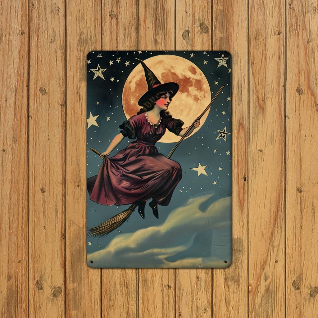 Pc Vintage Witch On Broom Metal Sign Iron Wall Art for Home Office Bar Cafe Library Garage X Inches for Hallowee