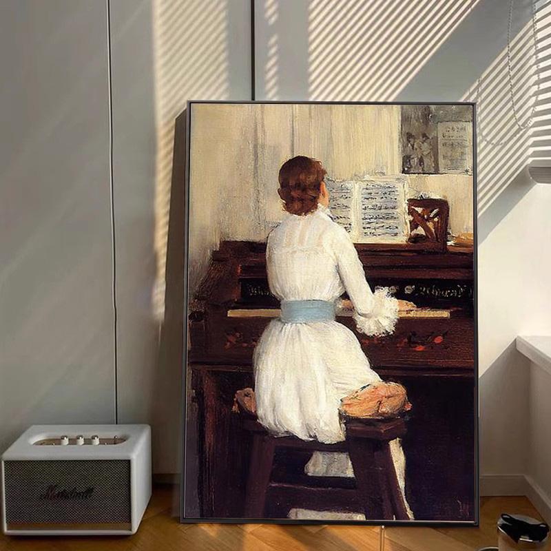Vintage Girls Play Piano Poster European Figure Canvas Prints Painting Wall Art Picture for Living Room Interior Home Decor