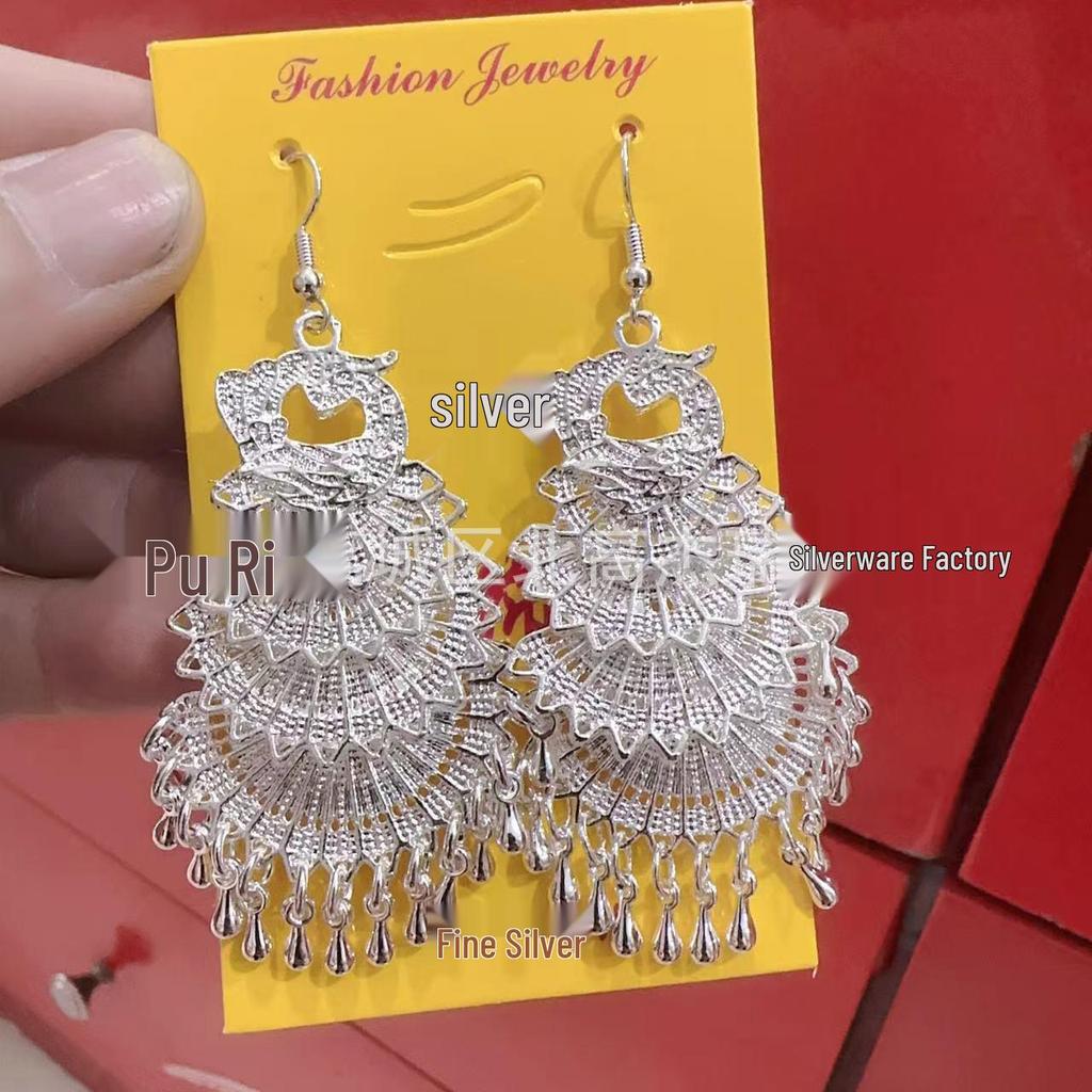 Ethnic Style Peacock Bell Tassel Earrings - Four-Layer Phoenix Design in Imitation Miao Silver