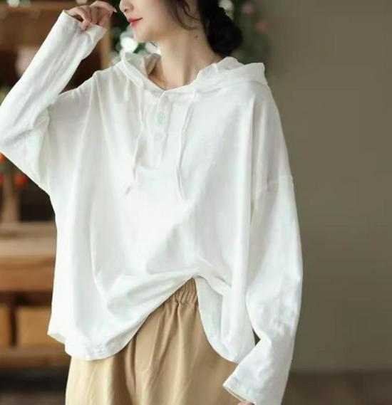 2025 Spring Retro Hooded Pullover: Women's Casual Loose Fit Solid Color Long Sleeve Sweatshirt