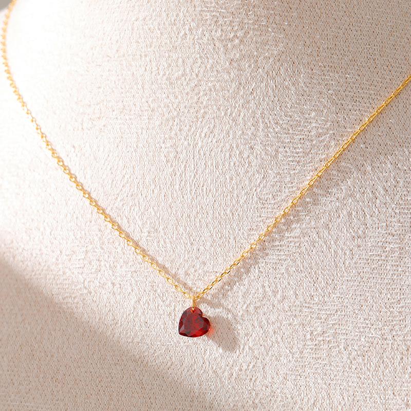 Copper gemstone necklace, women's pomegranate red single diamond collarbone chain, simple temperament, light luxury necklace