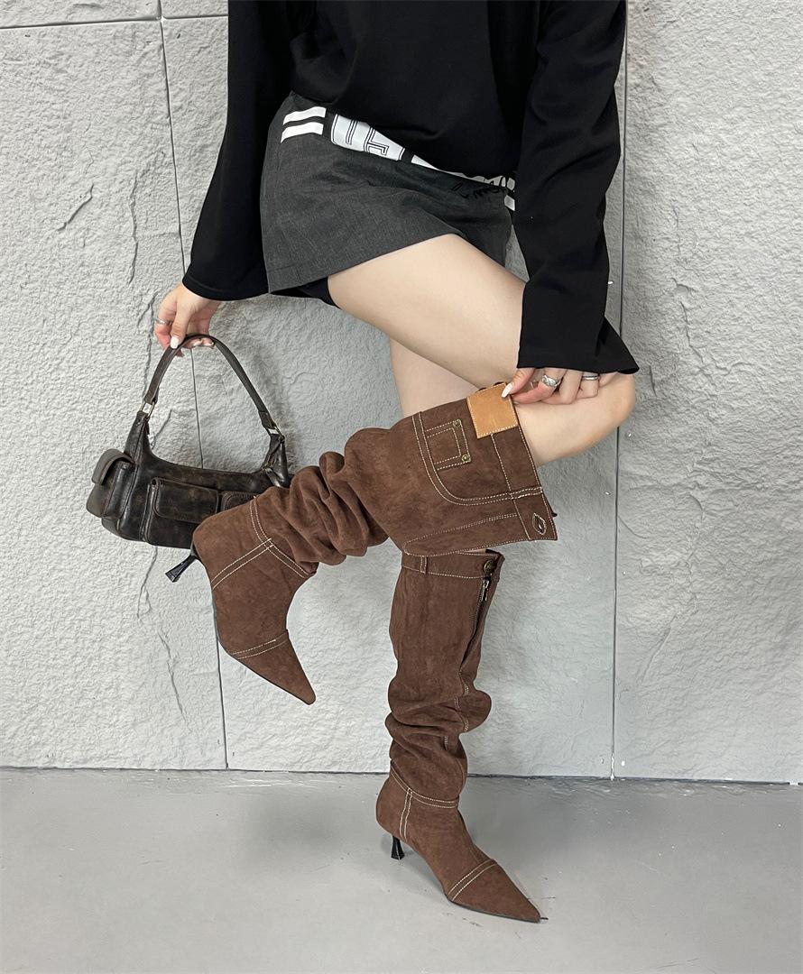 

French pointed high-heeled western cowboy boots women s autumn and winter new models but knee women s boots trend stacking boots fashion boots 39 коричневый