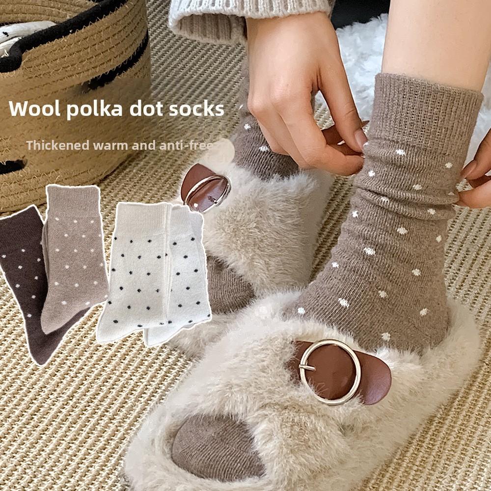 Polka Dot Wool Socks for Women In Autumn and Winter, Thickened Retro Mid-calf Pile Socks with Polka Dots