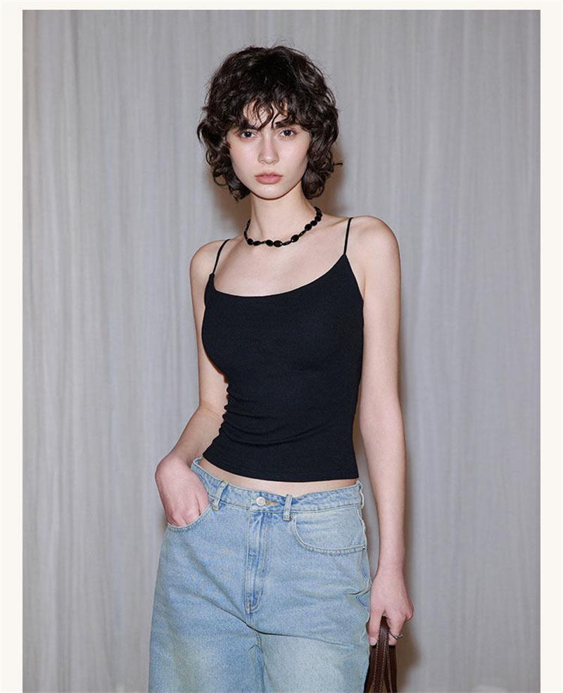 Spring and summer round neck basic design, threaded groove strip, high elasticity, slimming effect, no need to wear bra, camisole, vest