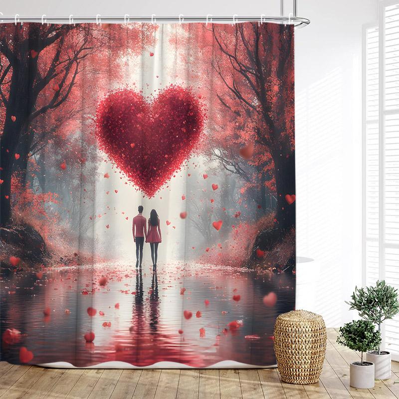 Vintage Paris Tower Shower Curtains Pink Butterfly Balloon Love Heart Floral Valentine'S Day Bathroom Curtain Decor With Hooks