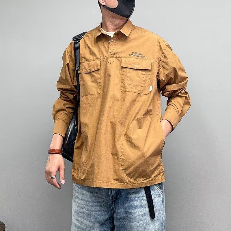 Pullover Sweater Retro Simple Letter Embroidered Shirt Long Sleeve Lapel Multi-Pocket Casual Shirt Spring and Autumn Coat