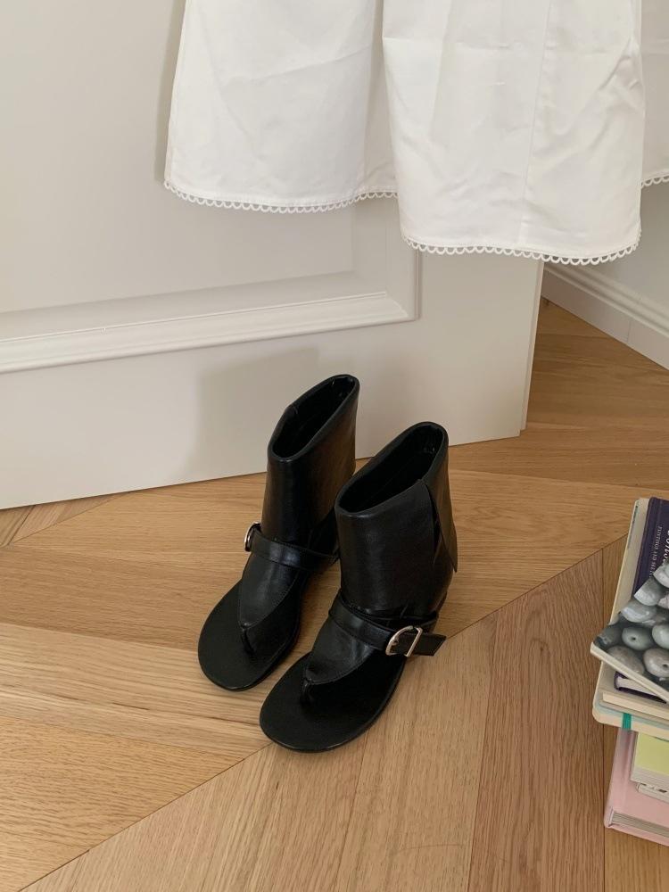 Vintage Suede Toe Roman Sandals Women'S Spring And Summer Spice Girls Cigarette Pipe Boots Herringbone Belt Buckle Flat Boots