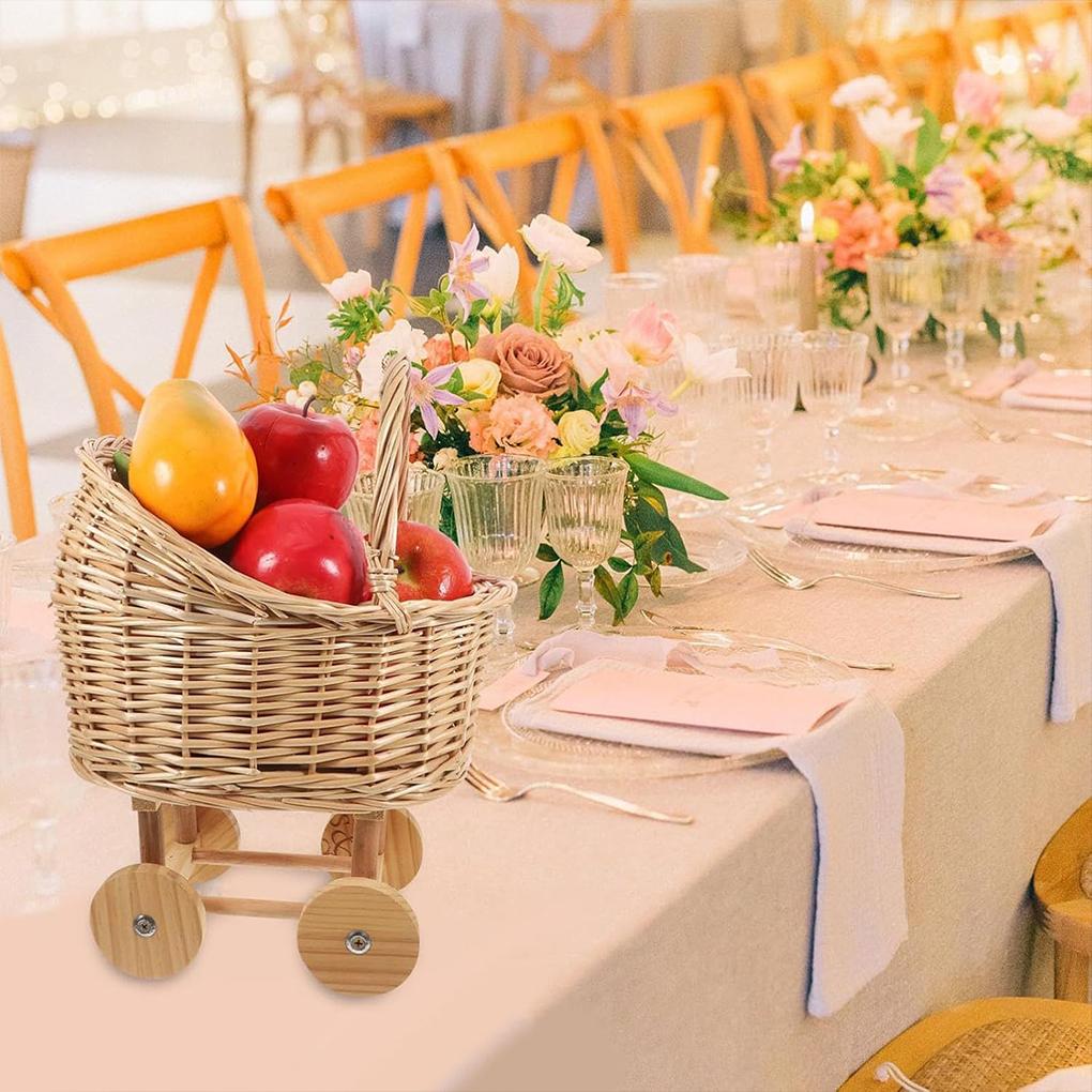 New Stroller Shaped Flower Basket Woven Rattan Basket with Handle Flower Girls Basket Wedding Basket for Gift Wedding Decoration