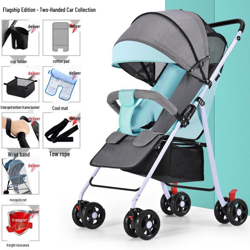Lightweight Foldable Baby Stroller, Four-Wheeled, Convertible for Sitting or Lying, One-Button Fold Portable Design