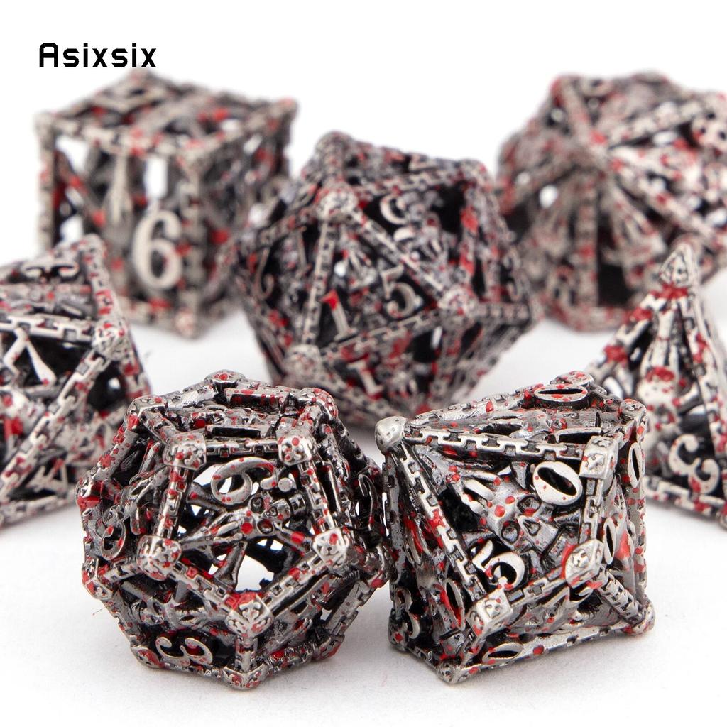 7-teiliges Würfelset aus Metall mit silberner roter Hand und Totenkopfkopf, hohles polyedrisches Würfelset aus Metall, geeignet für Rollenspiele, RPG-Brettspiele, Kartenspiele
