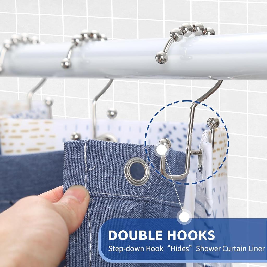 Shower Curtain Hooks, 12Pcs Shower Curtain Rings Rust Proof, Stepped Double Hook Shower Curtain Hooks, Easy Glide Metal Shower Hooks for Shower