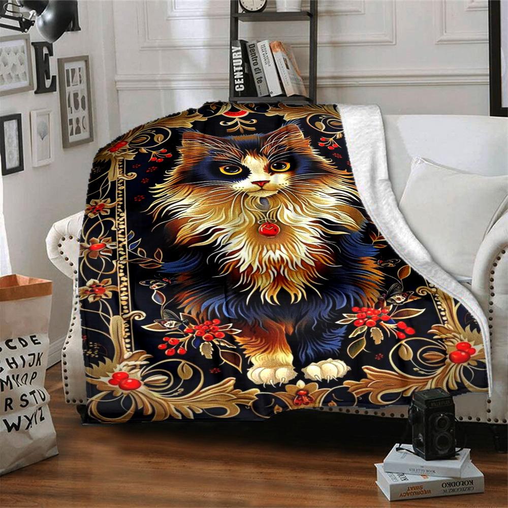 1pc Elegant Cat Tapestry Blanket Lightweight Flannel Blanket Throw Blanket For Sofa, Bed, Travel, Camping, Livingroom, Couch, Chair, And Bed Yy2509026
