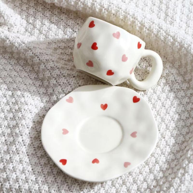 OLOEY Ceramic Underglaze Heart Coffee Mug & Saucer Set