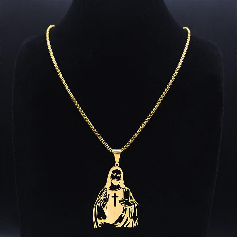 Stainless Steel Catholic Jesus Cross Pendant Necklace for Women Men Gold Color Holy Christian Chain Jewelry collar N7022S02