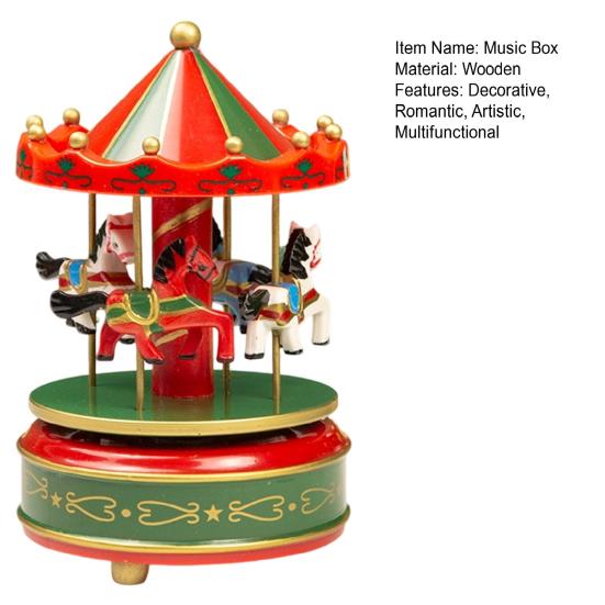 Miniature Horse Carousel Wooden Music Box with Rotating Merry-Go-Round Horses, Wind-Up Musical Figurine Nursery Decor for Baby Room Home Decor,