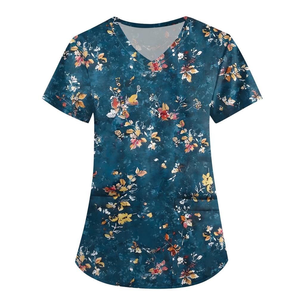 Plus SizePrinted Scrub Working Uniform Tops For Women's Cross V-Neck Print Short Sleeve Fun T-Shirts Workwear Tee With Pockets