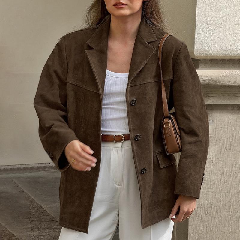 Damen Vintage Verdickt Mittellang Umlegekragen Wildleder Pendler Wintermantel Jacke
