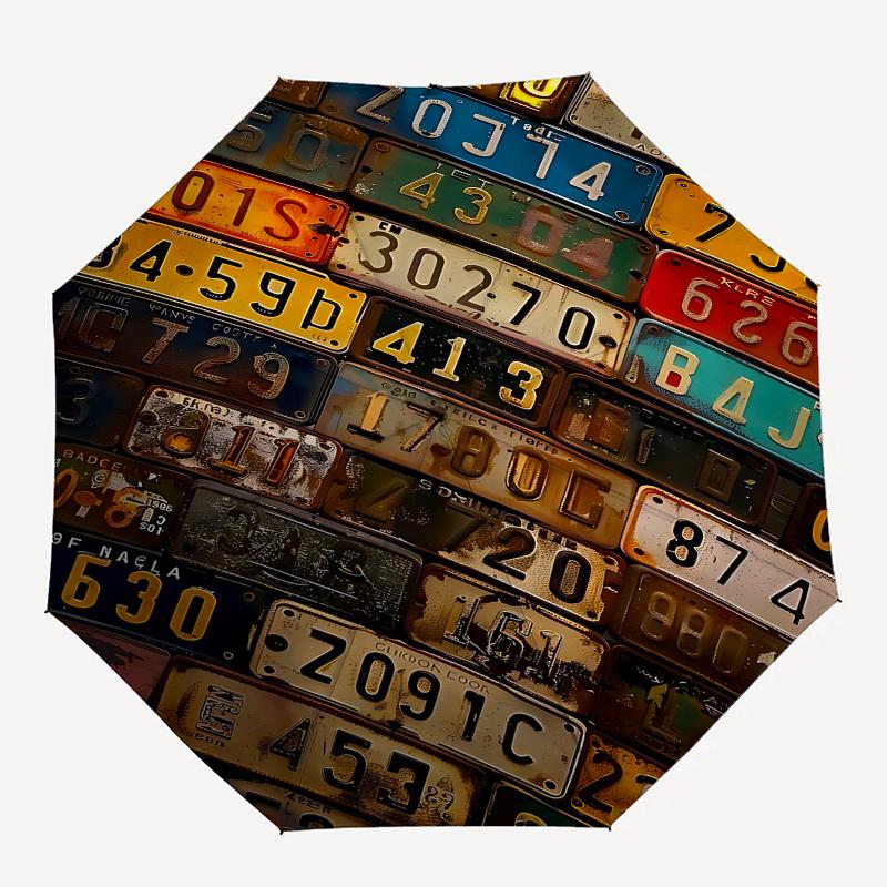 License plates, Background Themed Automatic Opening and Closing Umbrella, Brightly Colored 8-rib Portable Umbrella, Suitable for Men and Wom