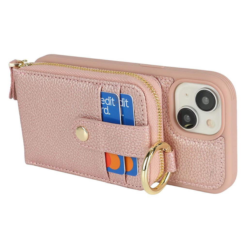 For iPhone 15 Case with Zipper Pouch/Ring Kickstand/Strap Litchi Texture PU + TPU Phone Cover