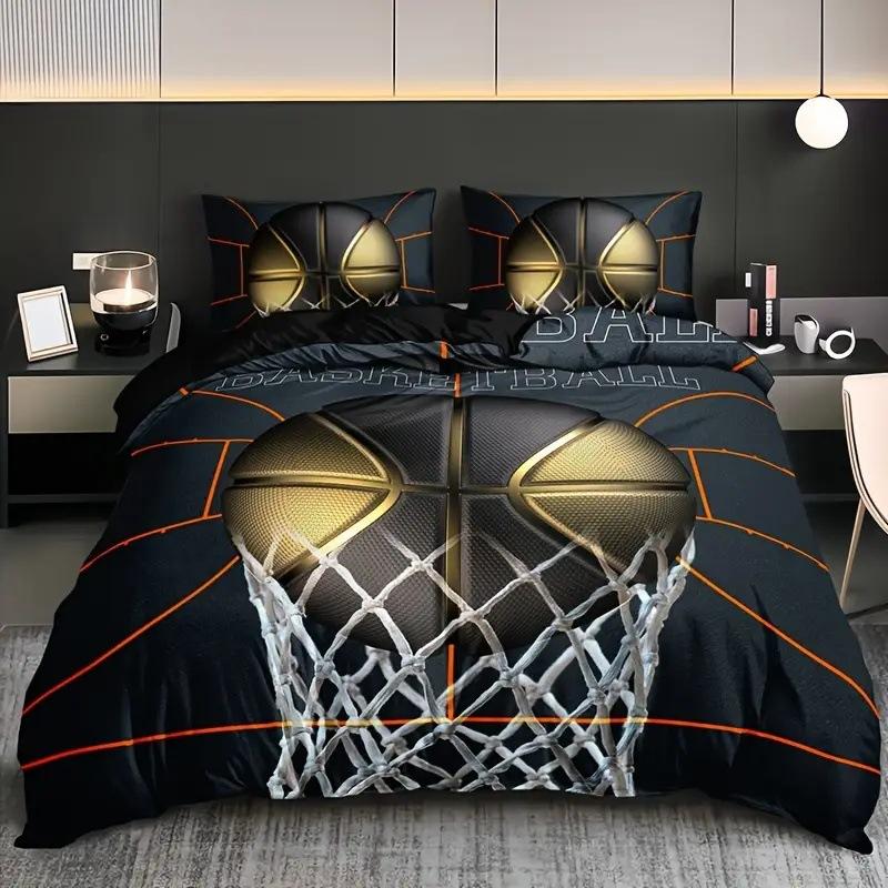 Basketball Comforter Cover Queen Size Sport Dunk Basketball Duvet Covers For Kids Teens, Black Ball Print Bedding Set All Season