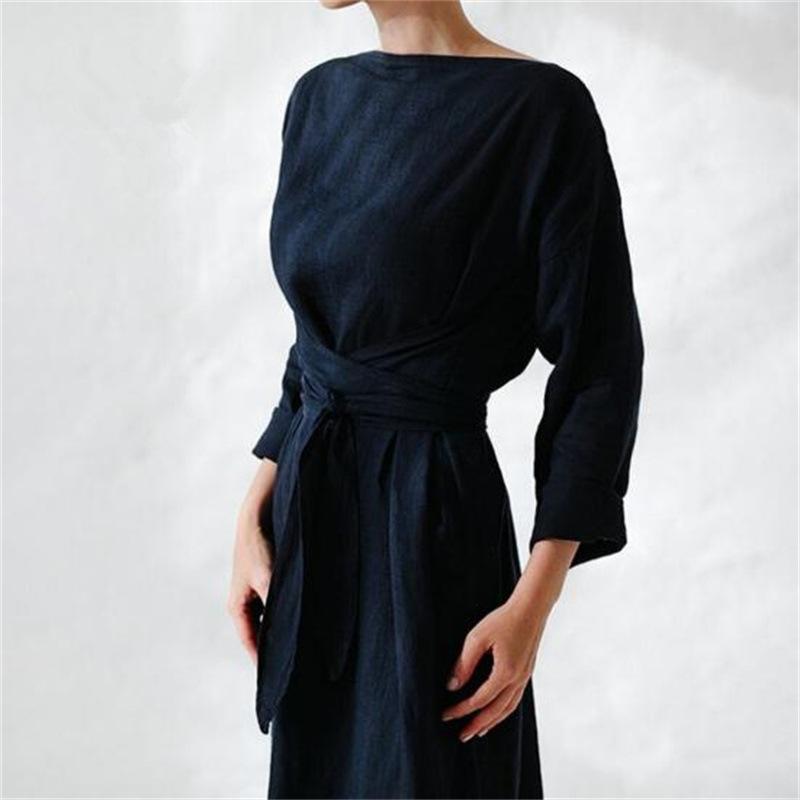 Women s Long Sleeve Side Slit Maxi Dress Round Neck Casual Solid Color S