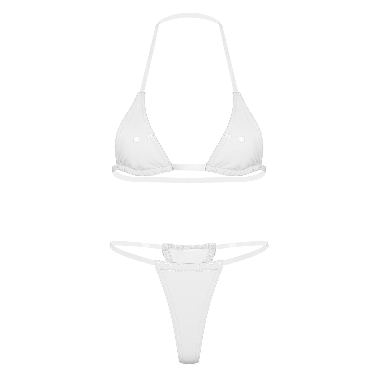 

Женский комплект бикини с прозрачными бретельками из лакированной кожи, плавки-стринги L