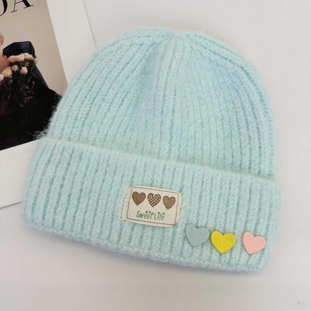Color Love Cloth Label Knitted Hat Women, Soft Waxy Vertical Curled Edge Cold Hat, Sweet Wool Hat In Autumn and Winter