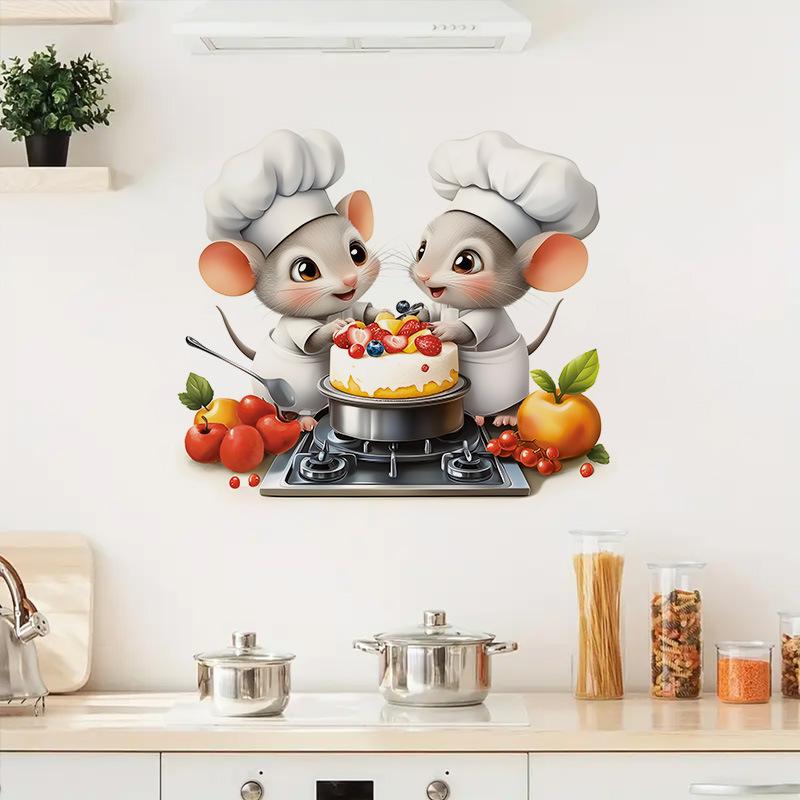 Topo Carino Cartone Animato con Torta Adesivo Murale per Cucina Sala da Pranzo Autoadesivo Rimovibile Impermeabile Decorazione Murale per la Casa Arte