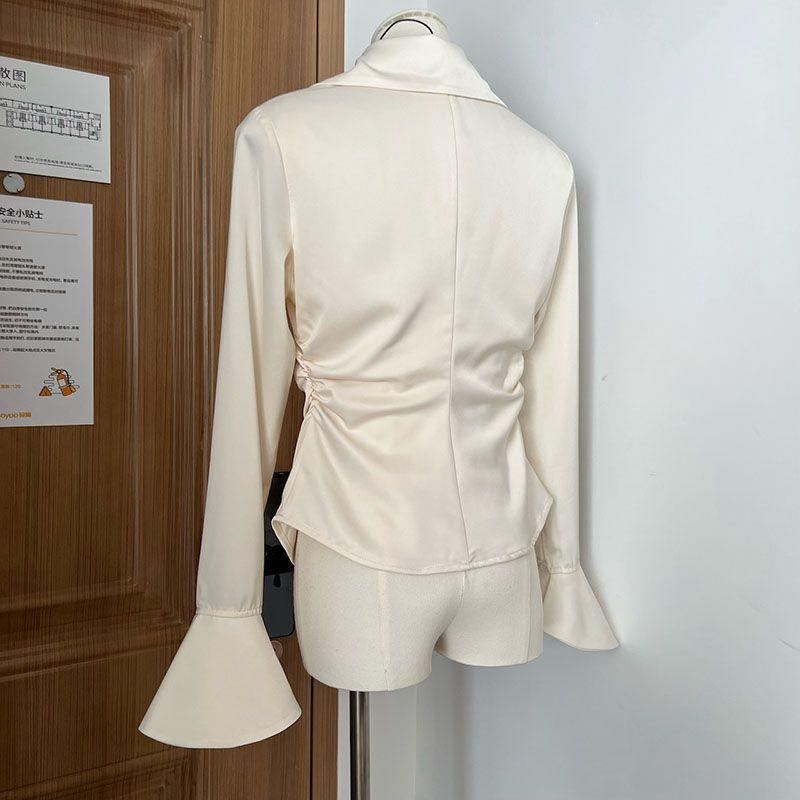 Satin Waist Folded Shirt for Female Women's Slim Fit Short Flared Sleeved Blouses Solid Color Single Breaste Lady's Tops
