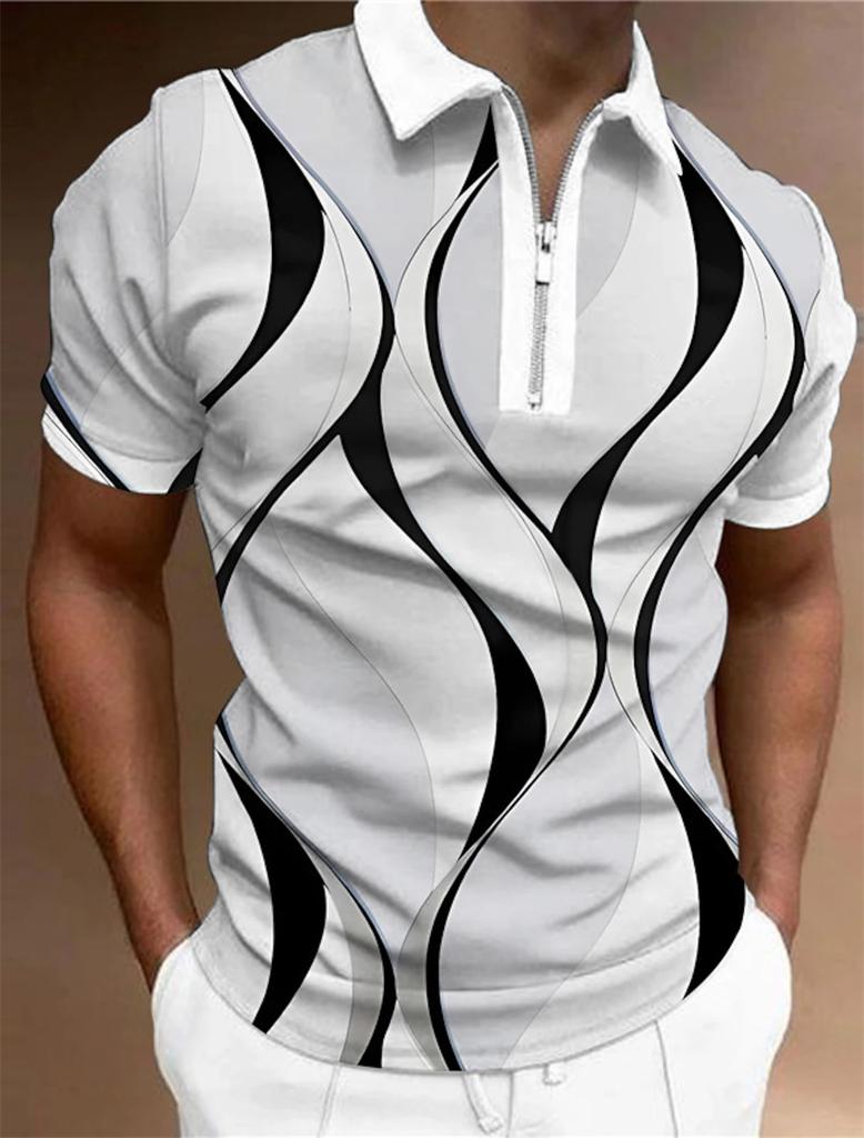 Men's Zipper Polo, Collar Polo Shirt, Golf Shirt, Graphic Print, Geometry, Linear Opening, Short Sleeve, Zipper Clothing Top