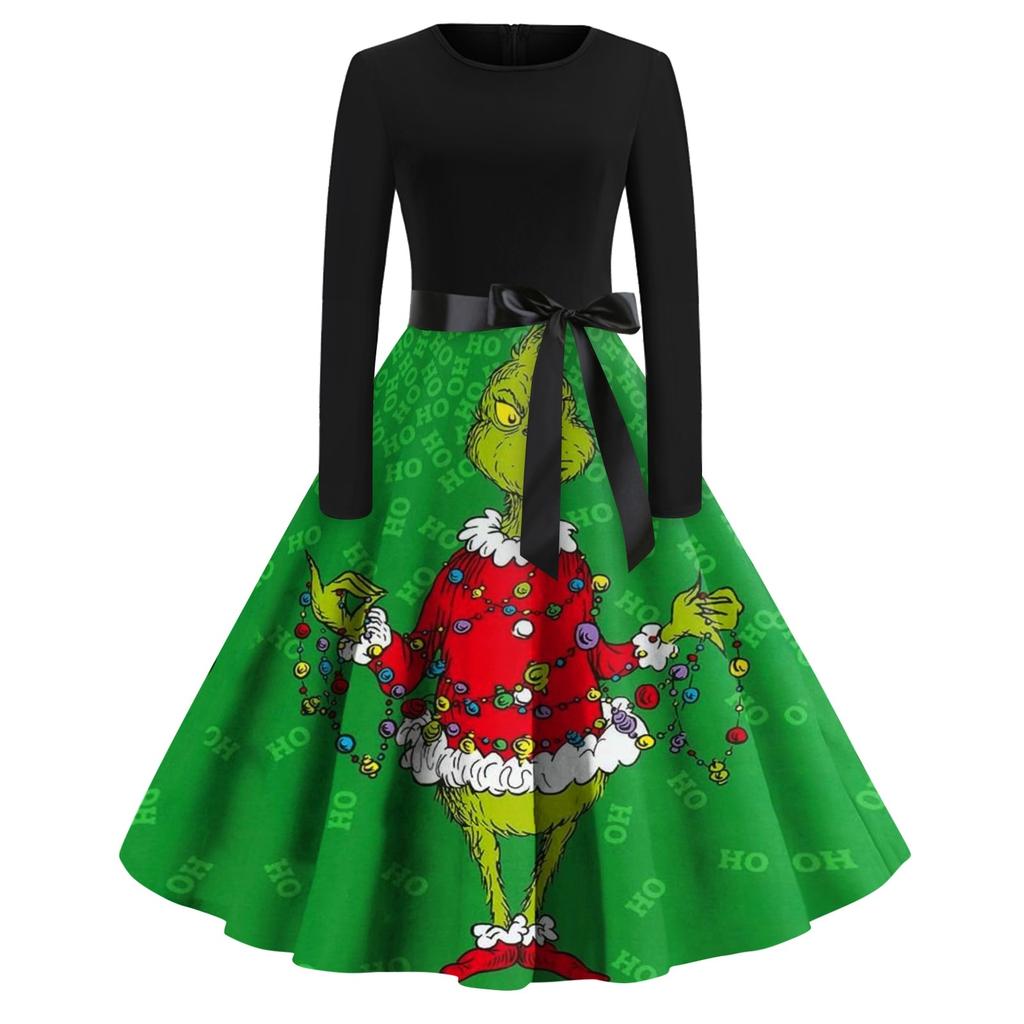 Women's Fashion Crew-neck Christmas Print Long-sleeved Casual Dress