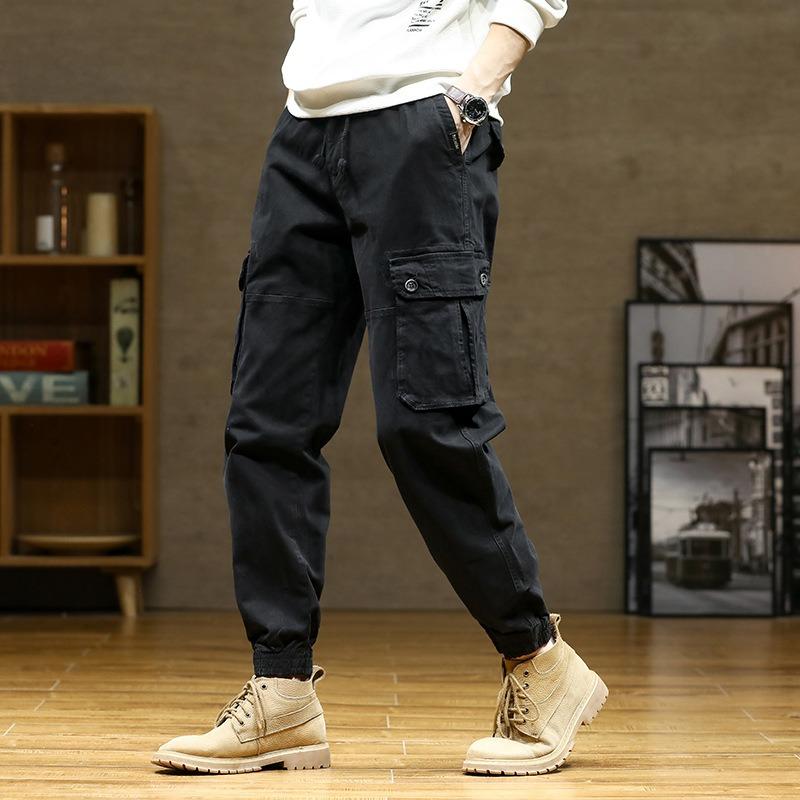 Solid color tied tote overalls men's spring and autumn tide brand pure cotton casual pants men's wear-resistant commuting versatile trousers