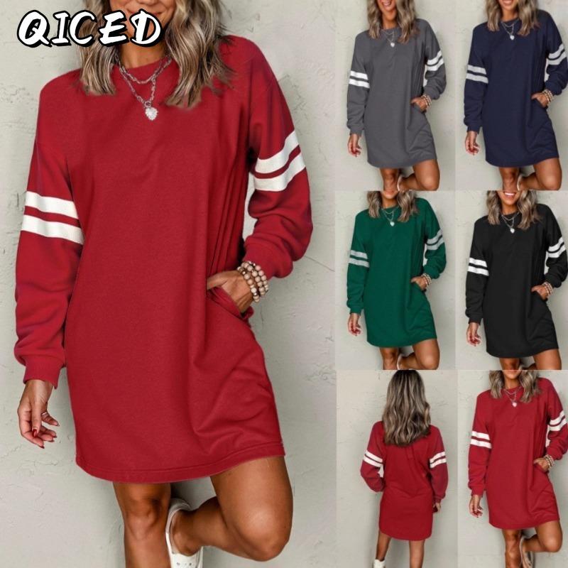 QICED Fashion Autumn Winter Long Sleeve O-Neck Casual Dresses